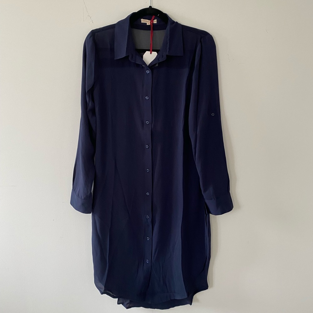 Modern Long Sleeve Navy Blue Chiffon Shirt Dress